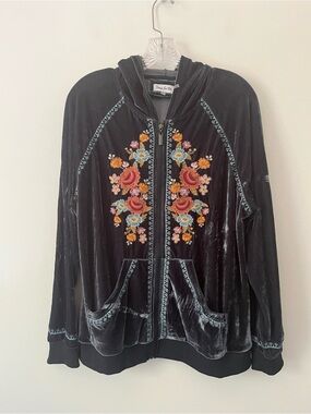 Time For Me Embroidered Floral Velvet Full Zip Hoodie Jacket Hippie Bohemian L